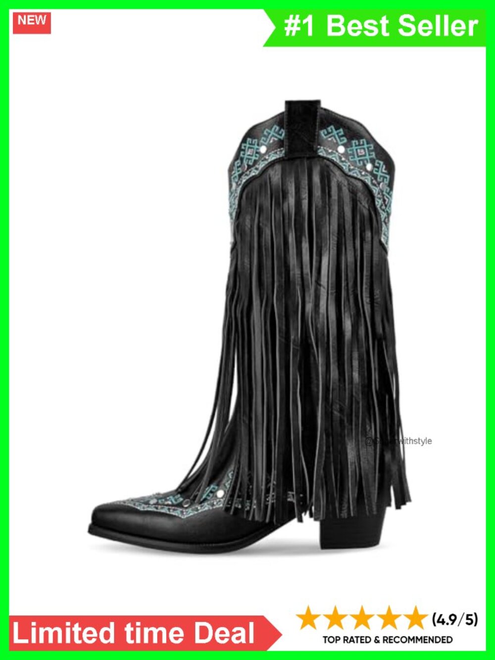 Fringe Cowboy Boots Mid Calf Western Embroidered Chunky Heel